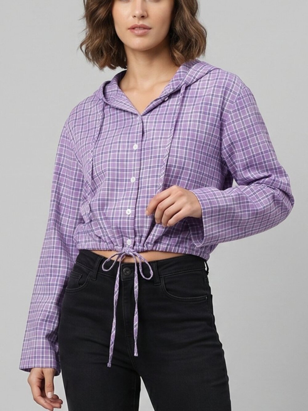 NWT | OLRAIN Purple Plaid Hooded Button-Down Shirt | Drawstring | S